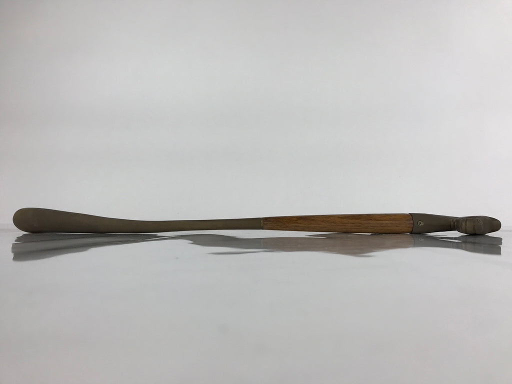 Japanese Metal Horse Head Shoehorn Vtg Wood Handle Uma Kutsubera Brown JK671