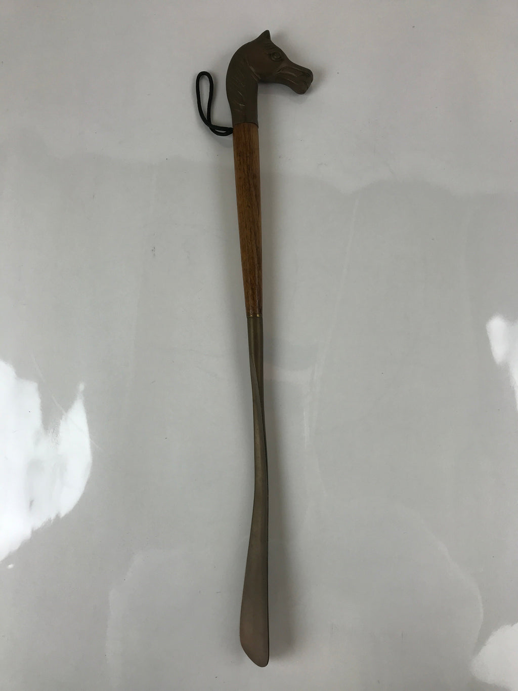 Japanese Metal Horse Head Shoehorn Vtg Wood Handle Uma Kutsubera Brown JK671