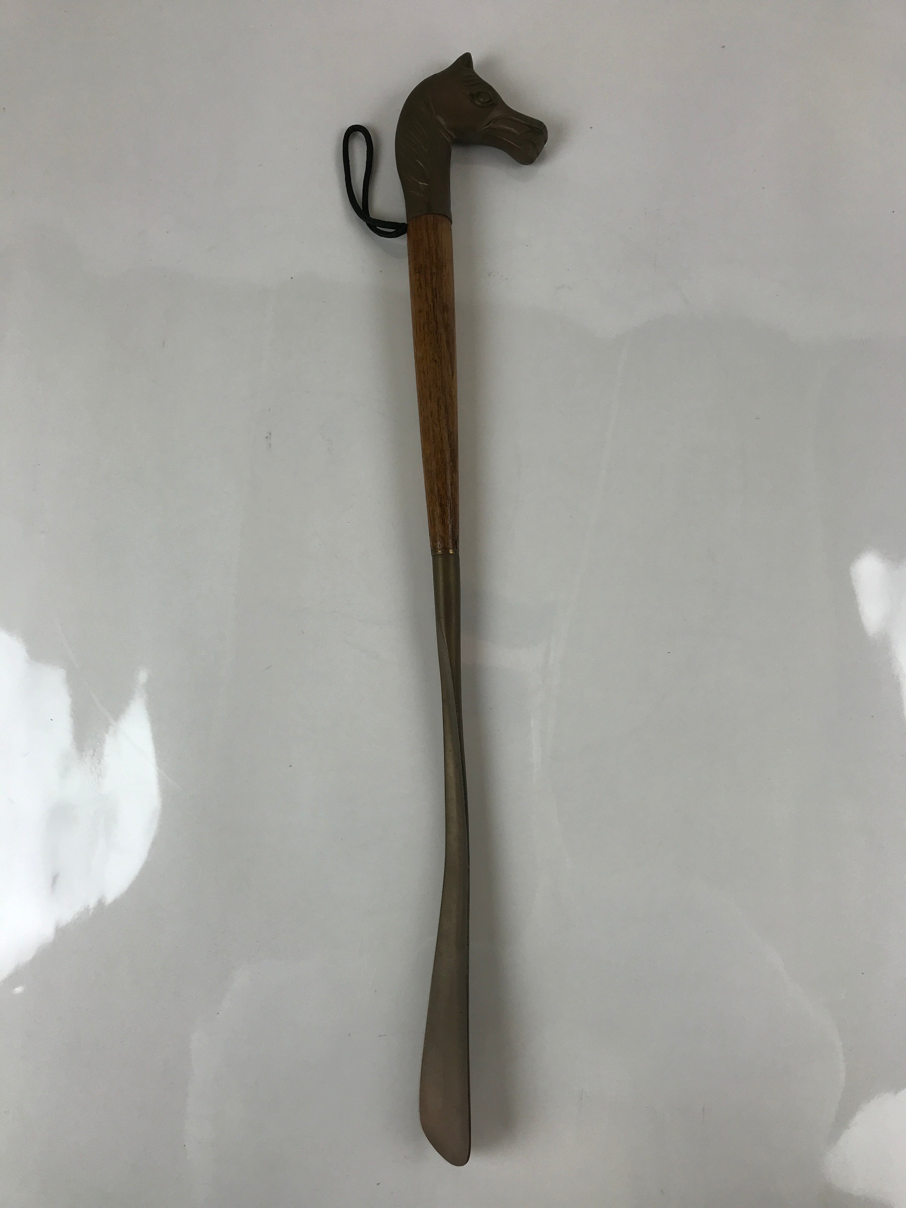 Japanese Metal Horse Head Shoehorn Vtg Wood Handle Uma Kutsubera Brown JK671