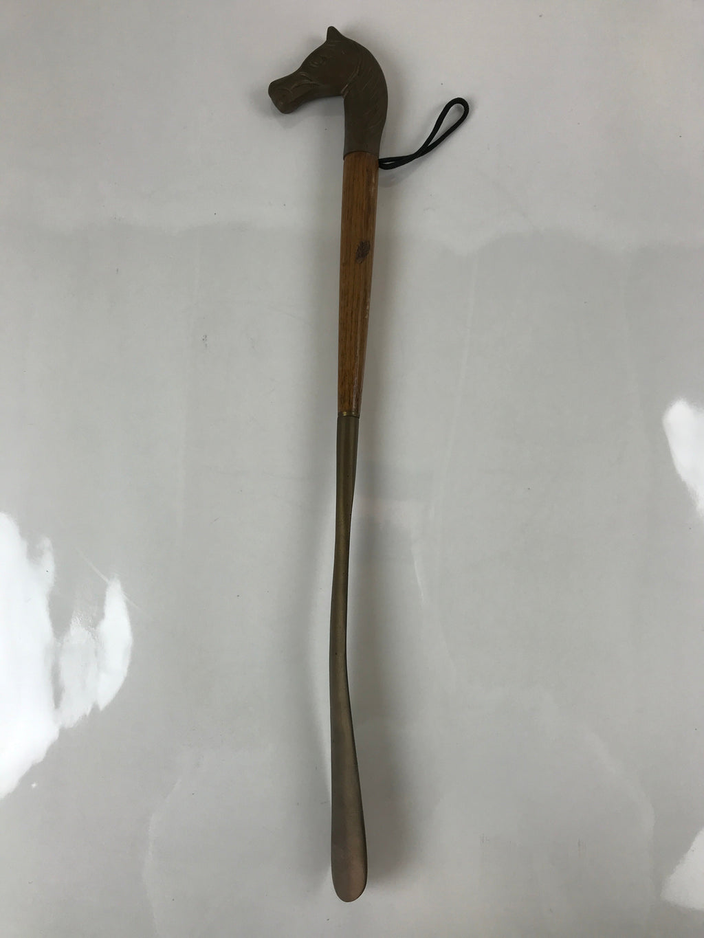 Japanese Metal Horse Head Shoehorn Vtg Wood Handle Uma Kutsubera Brown JK671