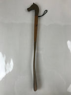 Japanese Metal Horse Head Shoehorn Vtg Wood Handle Uma Kutsubera Brown JK671