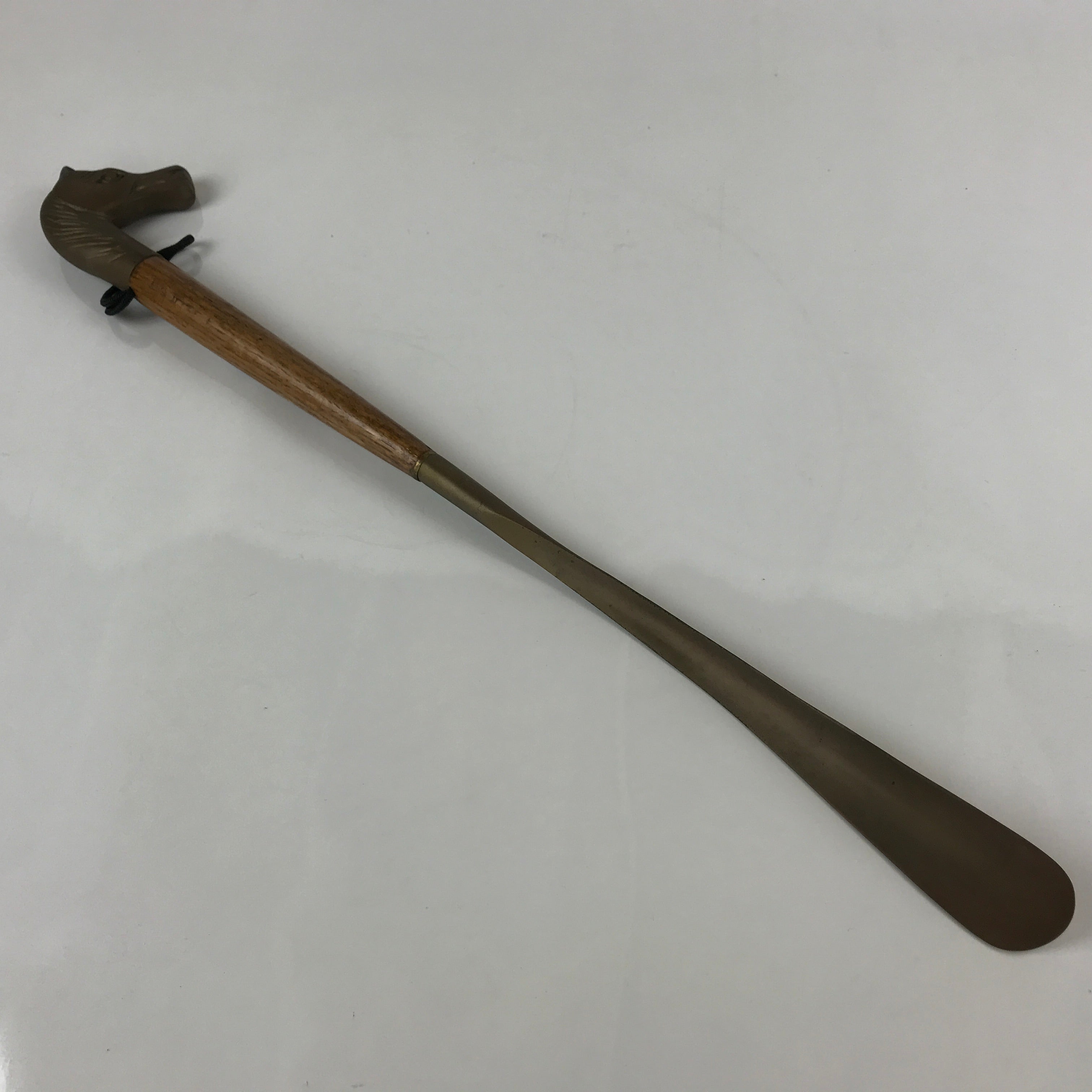 Japanese Metal Horse Head Shoehorn Vtg Wood Handle Uma Kutsubera Brown JK671