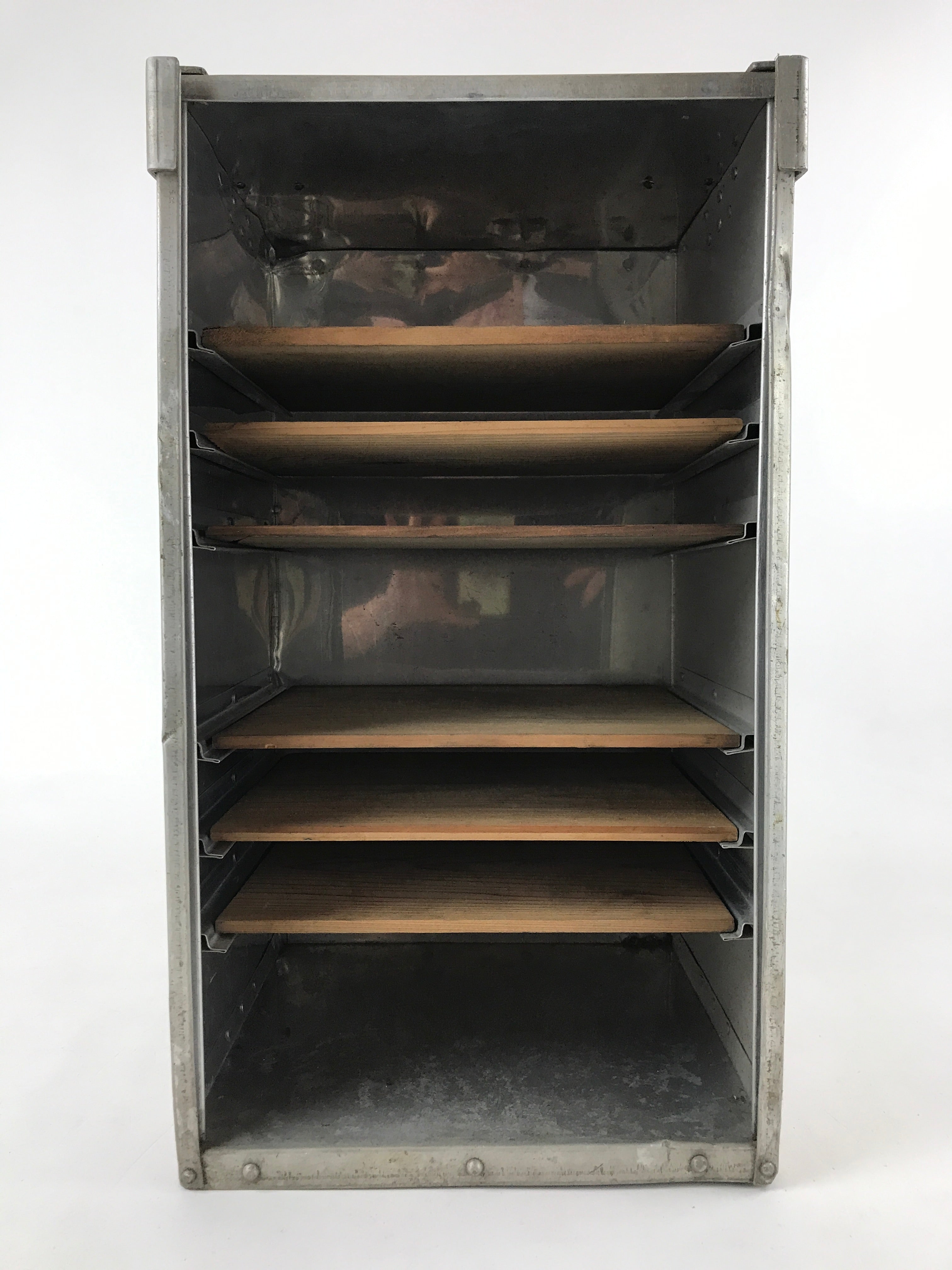 Japanese Metal Restaurant Delivery Box Vtg Wood Handle Shelves Ramen JK601