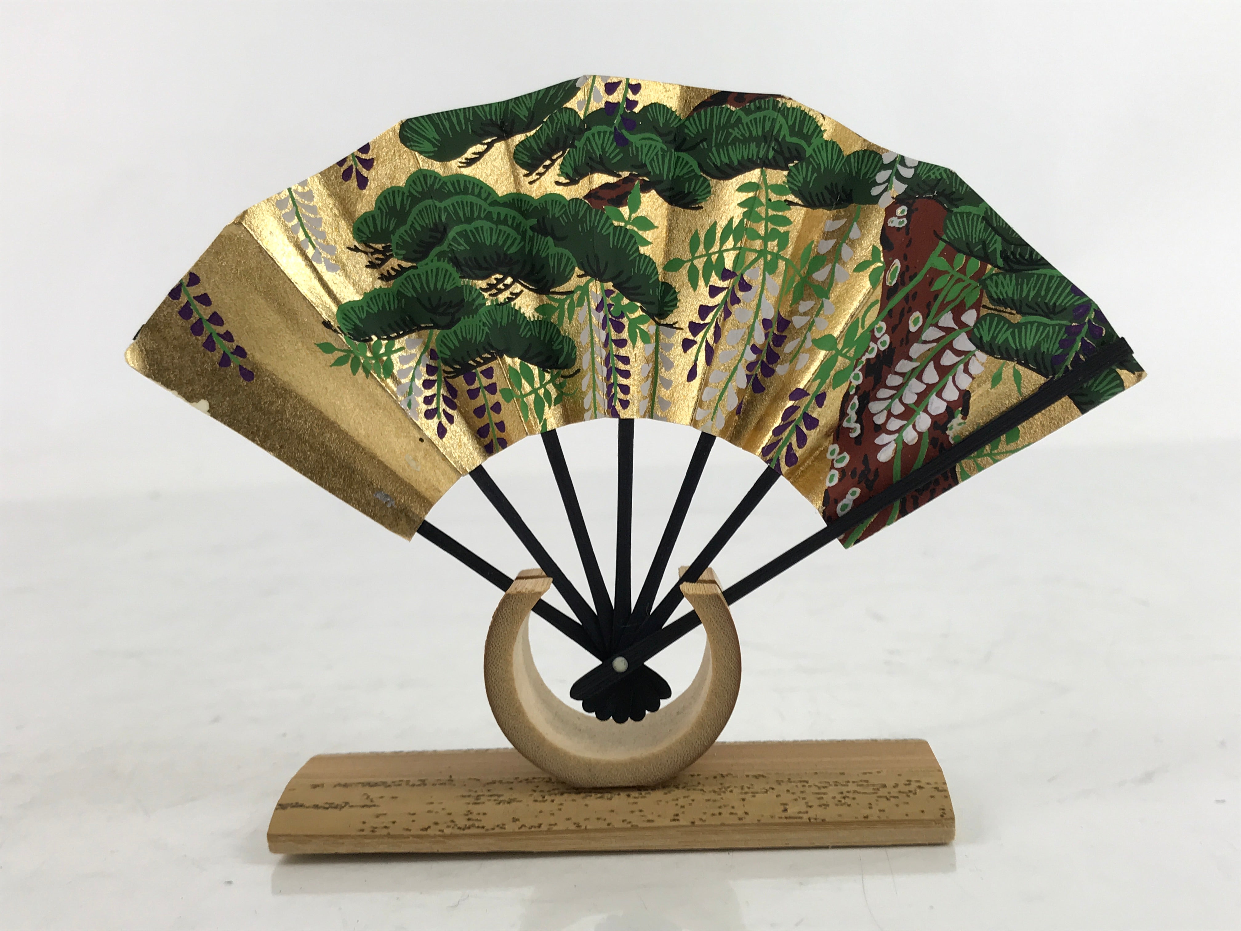 Japanese Miniature Folding Fan W/ Stand Vtg Pine Tree Wisteria Green Gold JK797