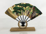 Japanese Miniature Folding Fan W/ Stand Vtg Pine Tree Wisteria Green Gold JK797