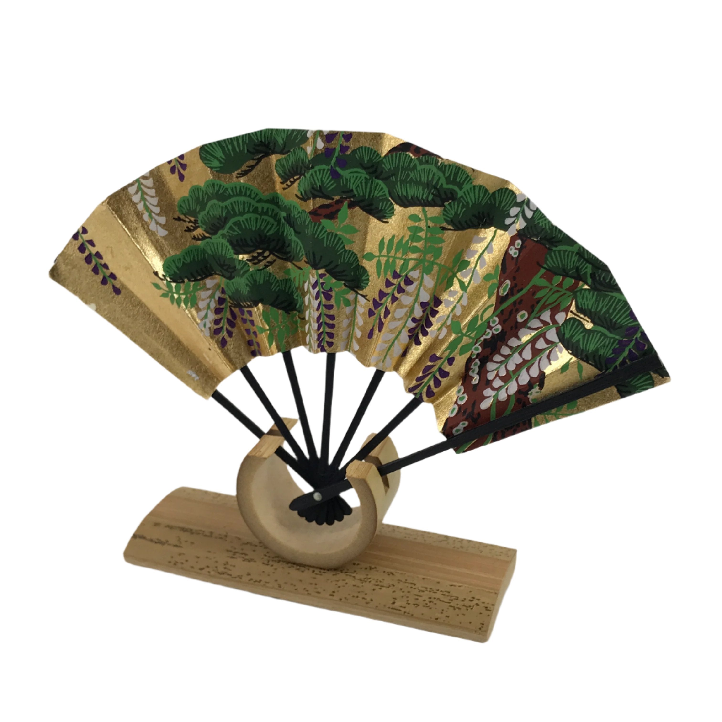 Japanese Miniature Folding Fan W/ Stand Vtg Pine Tree Wisteria Green Gold JK797