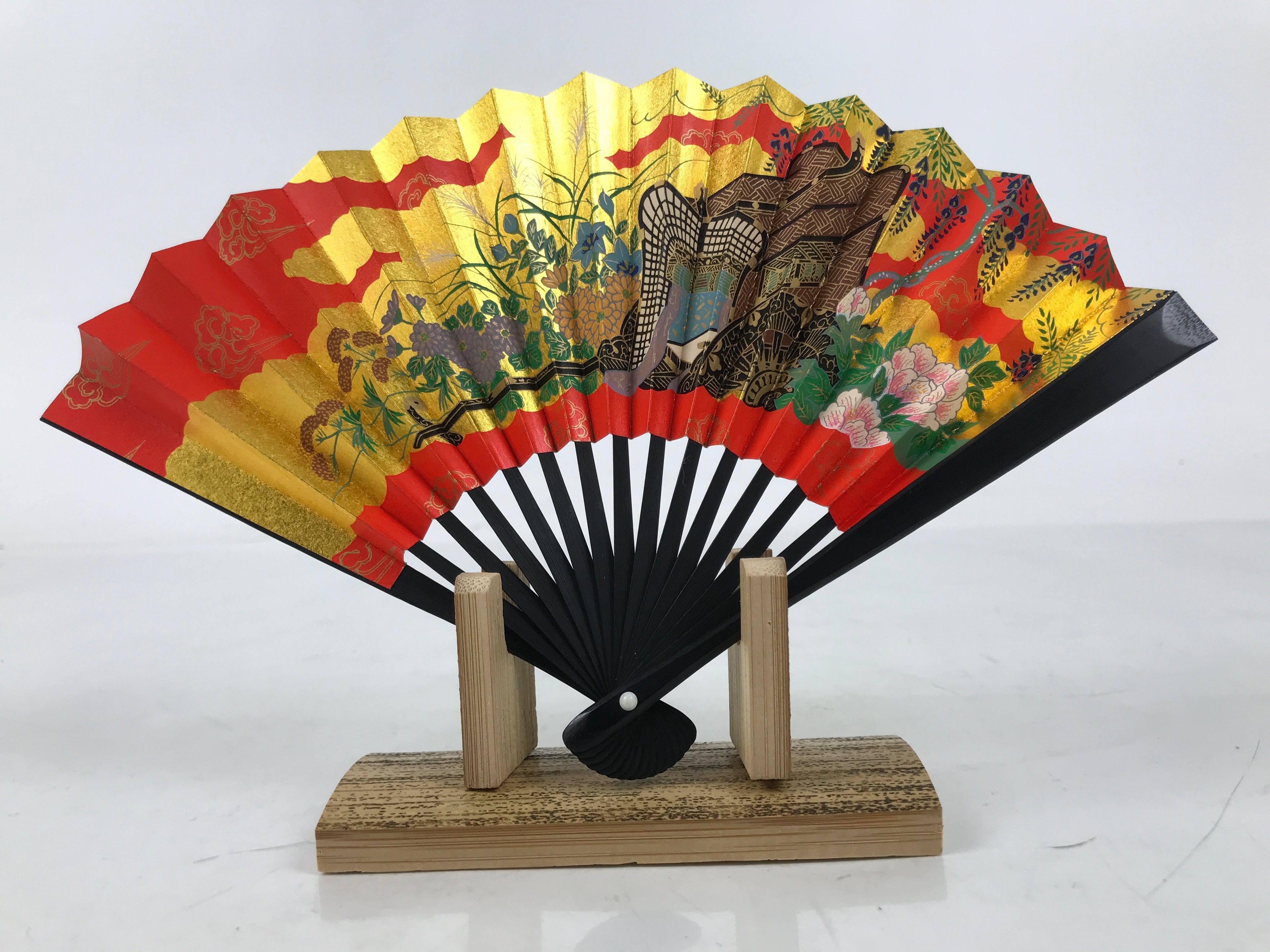 Japanese Miniature Folding Fan w/Stand Vtg Royal Carriage Kago Cart Red Gold 4D881