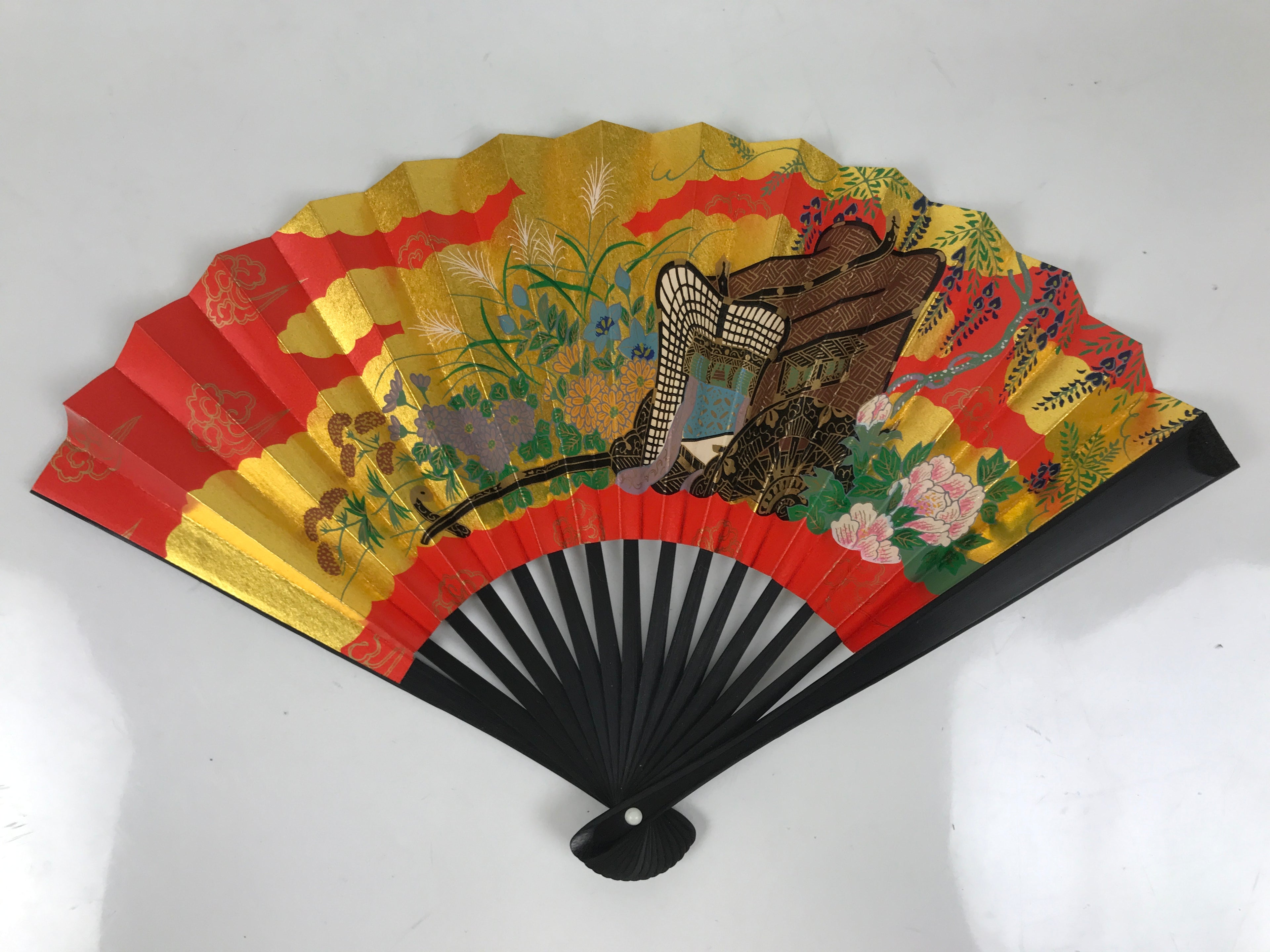 Japanese Miniature Folding Fan w/Stand Vtg Royal Carriage Kago Cart Red Gold 4D881