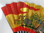 Japanese Miniature Folding Fan w/Stand Vtg Royal Carriage Kago Cart Red Gold 4D881