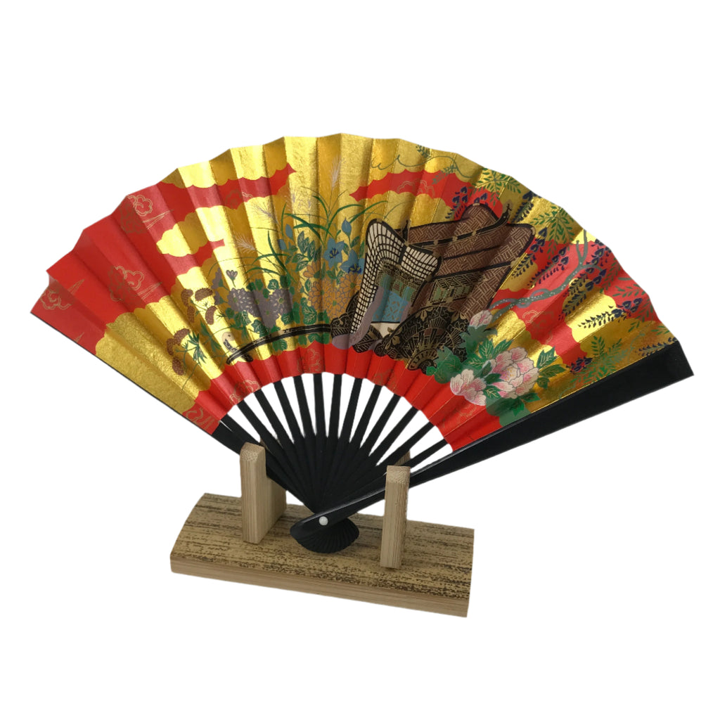 Japanese Miniature Folding Fan w/Stand Vtg Royal Carriage Kago Cart Red Gold 4D881