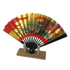Japanese Miniature Folding Fan w/Stand Vtg Royal Carriage Kago Cart Red Gold 4D881