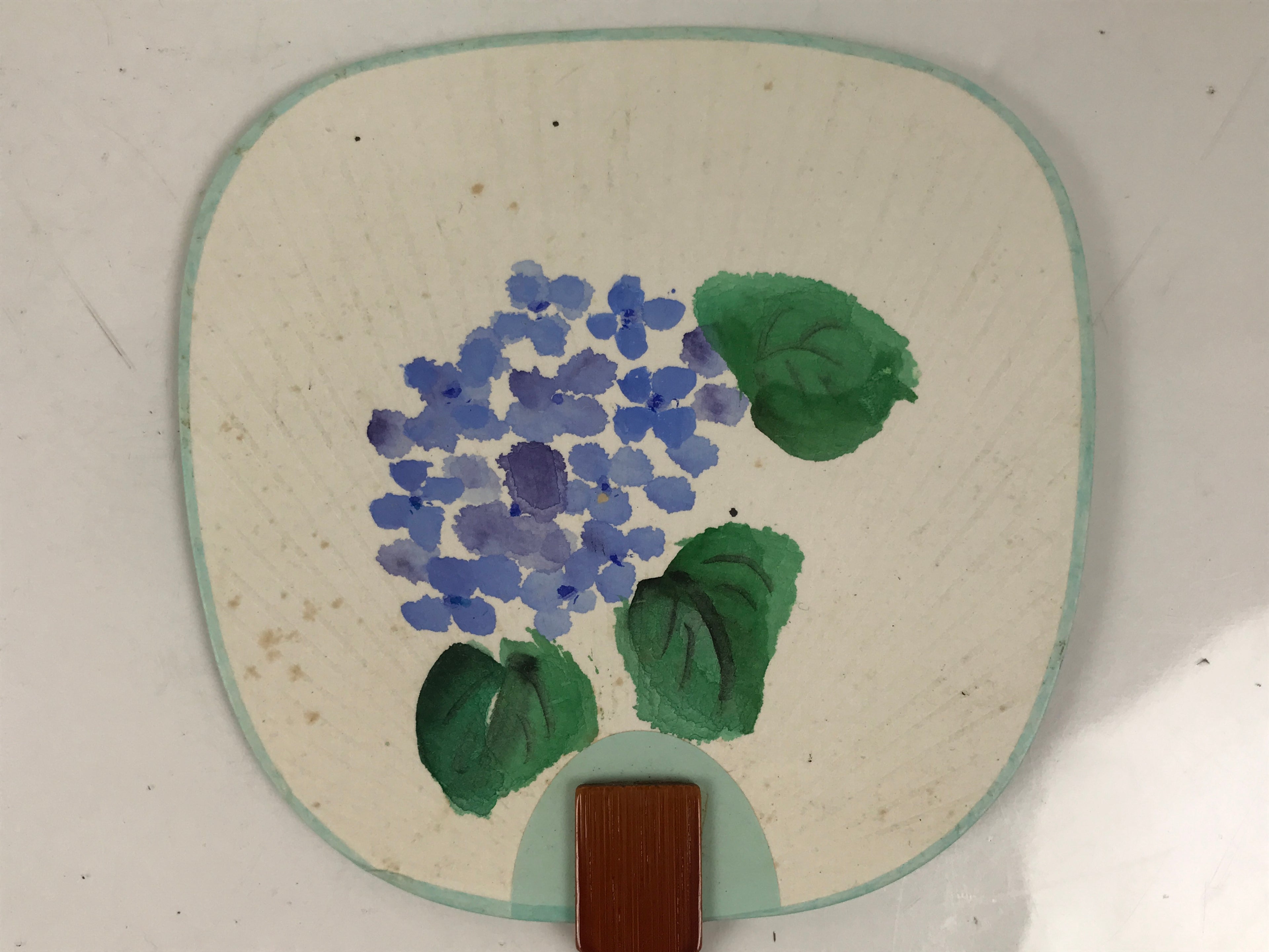 Japanese Miniature Paper Fan Uchiwa Vtg Lacquer Handle Purple Hydrangea U192