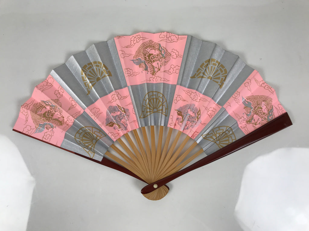 Japanese Miniature Paper Folding Fan Sensu Bamboo Frame Pink Silver Dragon 4D963