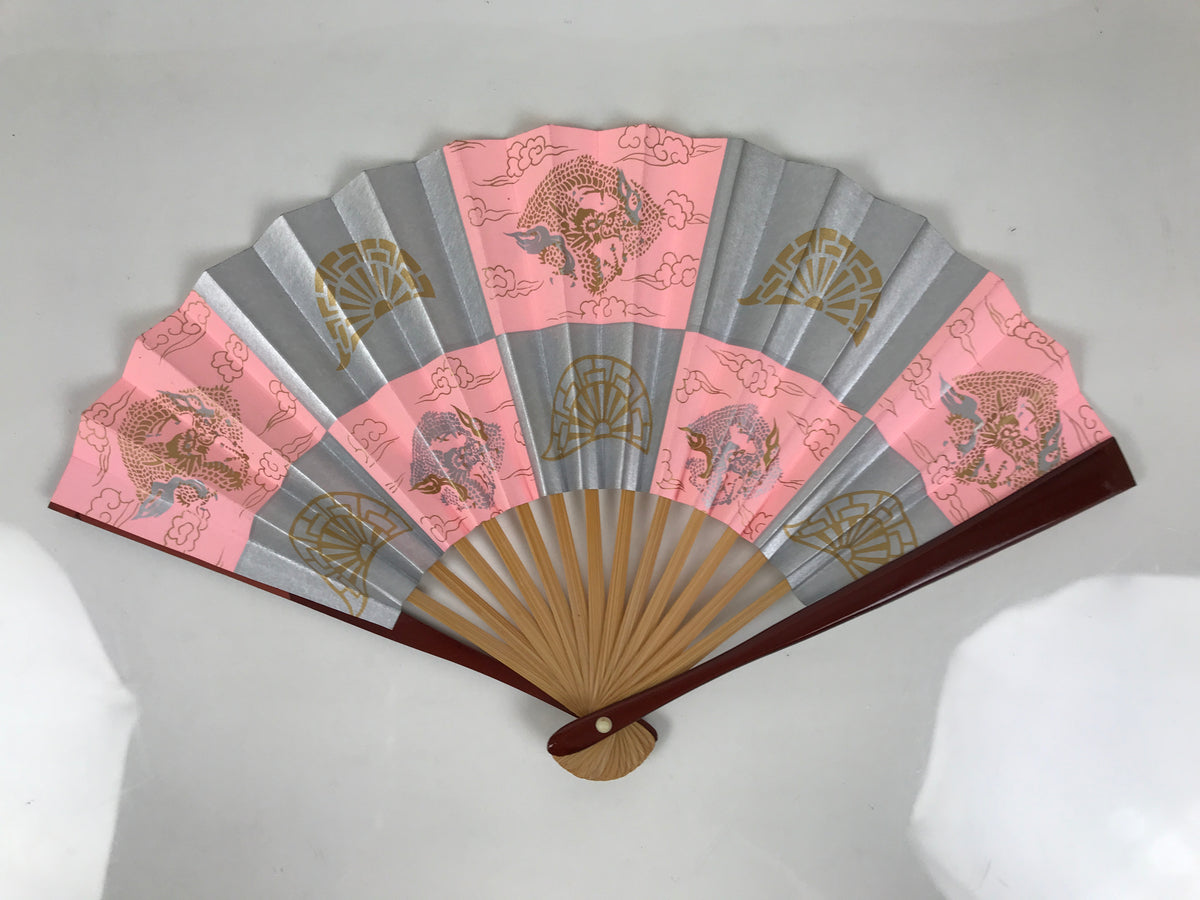 Japanese Miniature Paper Folding Fan Sensu Bamboo Frame Pink Silver Dragon 4D963