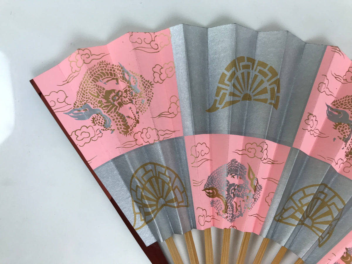 Japanese Miniature Paper Folding Fan Sensu Bamboo Frame Pink Silver Dragon 4D963