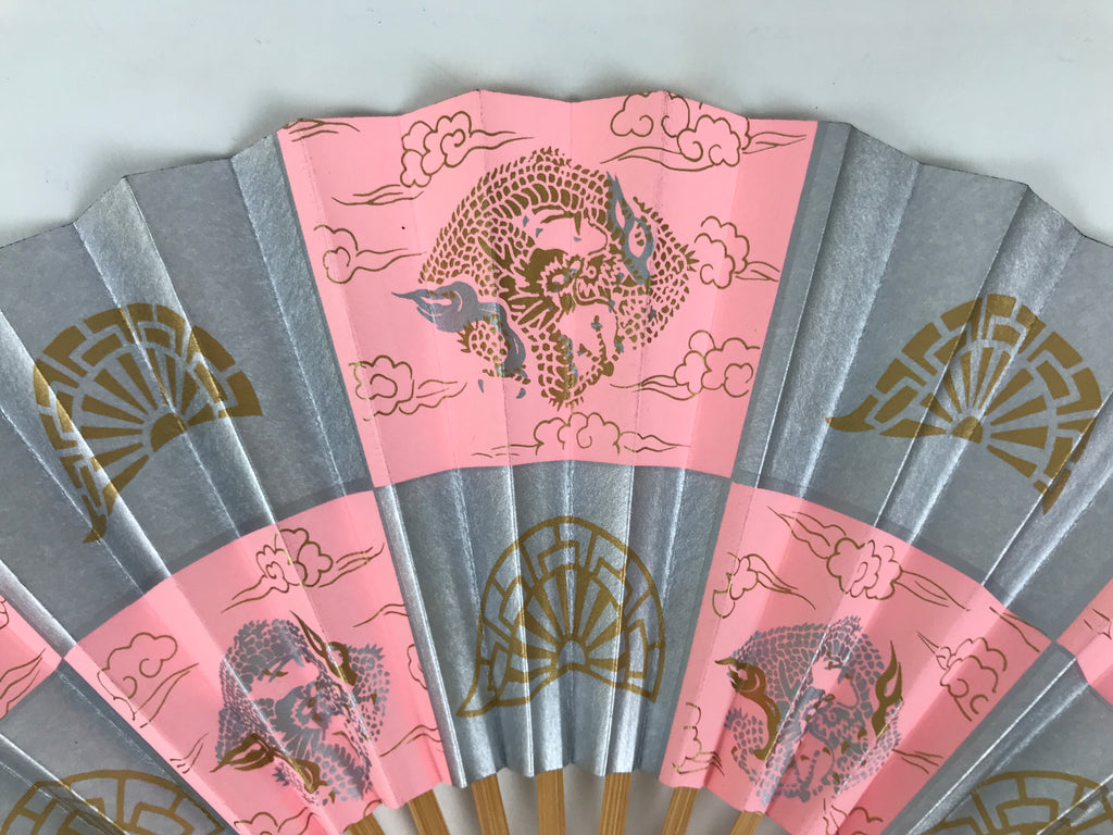 Japanese Miniature Paper Folding Fan Sensu Bamboo Frame Pink Silver Dragon 4D963