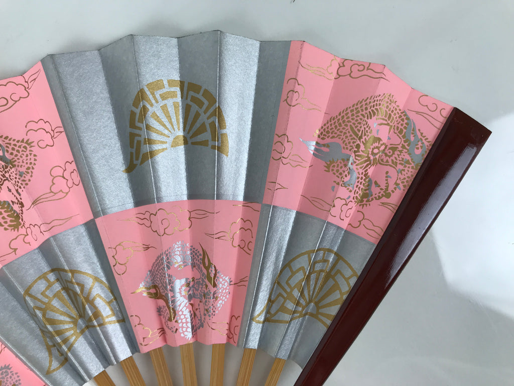 Japanese Miniature Paper Folding Fan Sensu Bamboo Frame Pink Silver Dragon 4D963