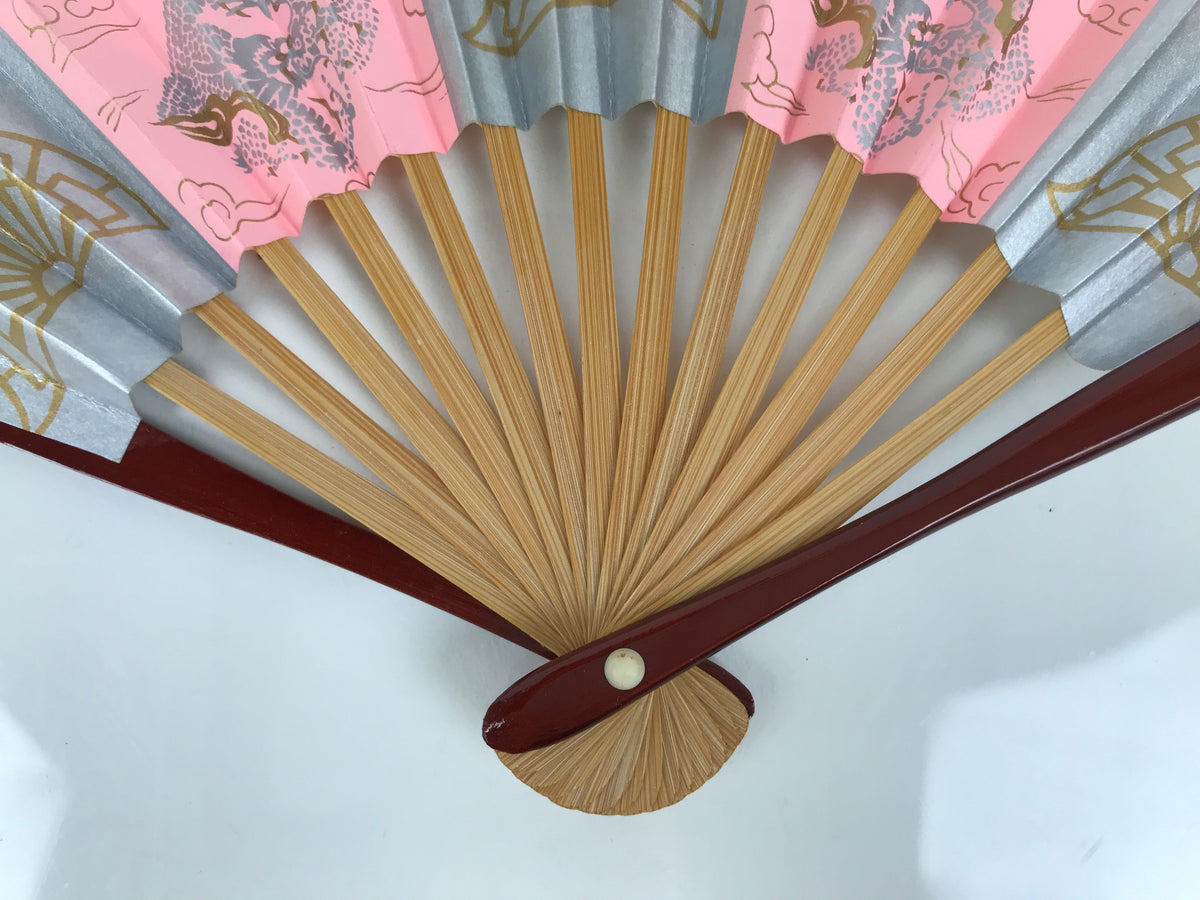 Japanese Miniature Paper Folding Fan Sensu Bamboo Frame Pink Silver Dragon 4D963