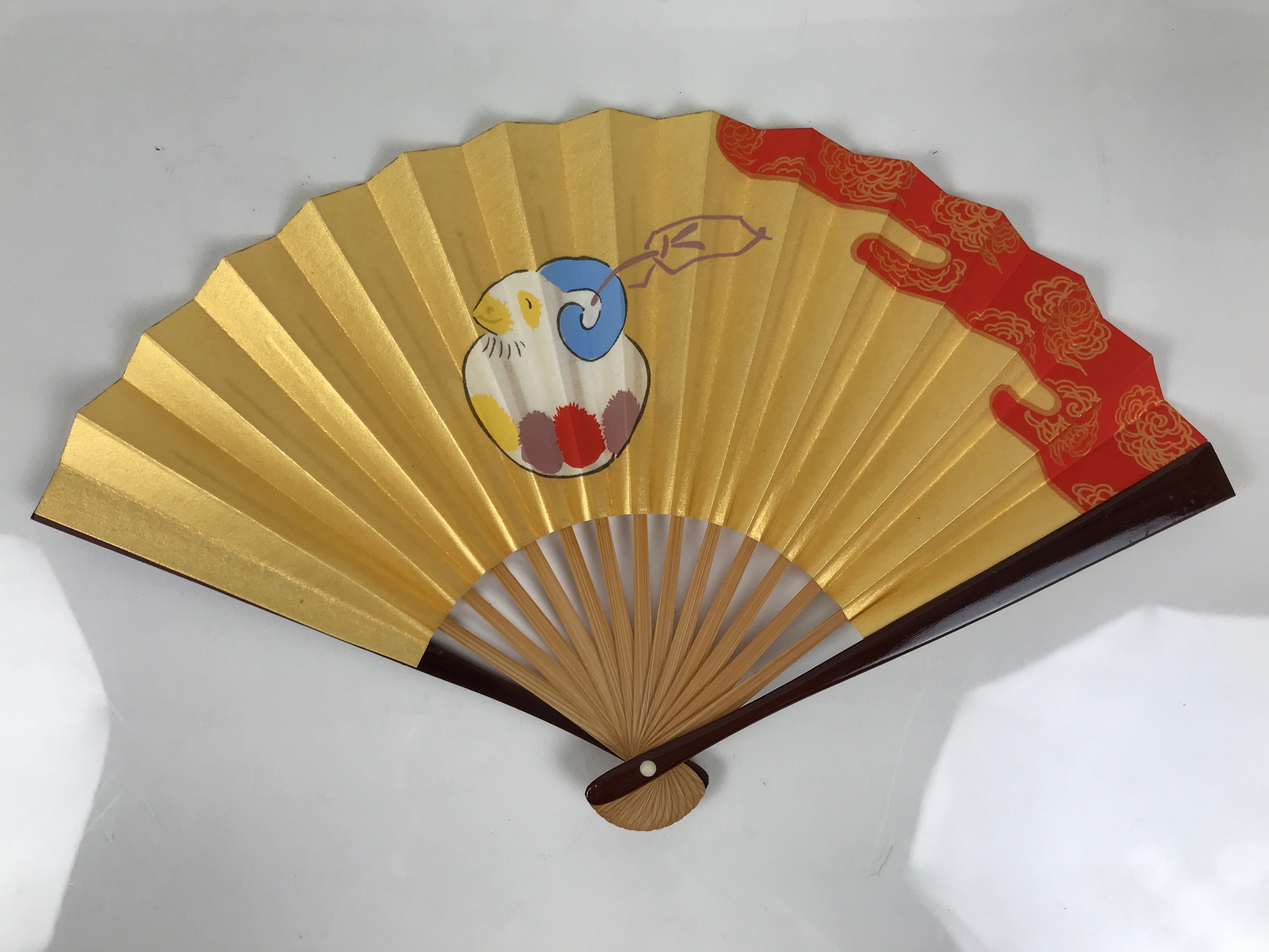 Japanese Miniature Paper Folding Fan Sensu Bamboo Frame Sheep Hitsuji Gold 4D966