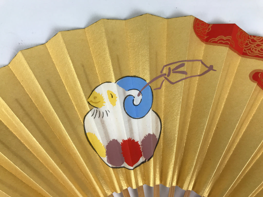 Japanese Miniature Paper Folding Fan Sensu Bamboo Frame Sheep Hitsuji Gold 4D966