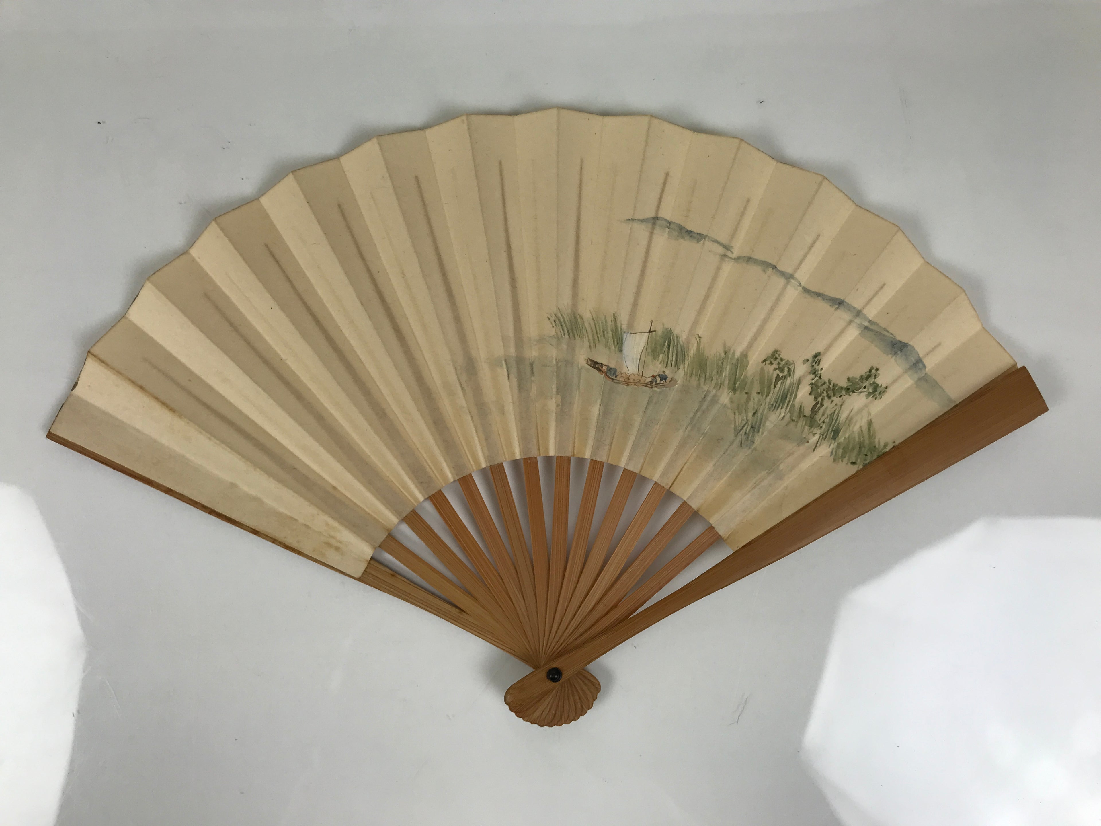 Japanese Miniature Paper Folding Fan Sensu Vtg Bamboo Frame River Boat 4D962
