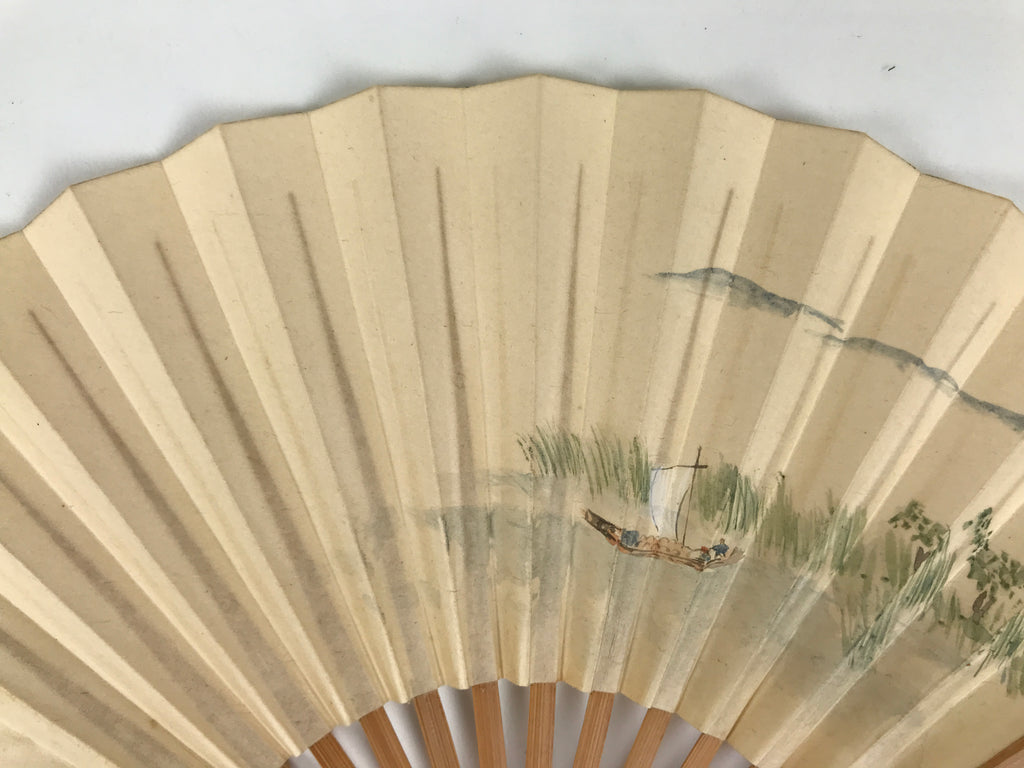 Japanese Miniature Paper Folding Fan Sensu Vtg Bamboo Frame River Boat 4D962