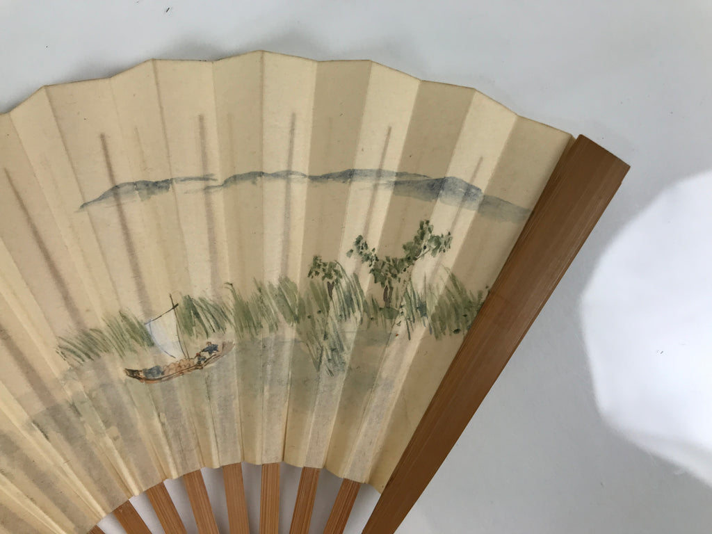 Japanese Miniature Paper Folding Fan Sensu Vtg Bamboo Frame River Boat 4D962