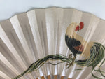Japanese Miniature Paper Folding Fan Vtg Sensu Bamboo Frame Rooster Silver 4D969