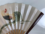 Japanese Miniature Paper Folding Fan Vtg Sensu Bamboo Frame Rooster Silver 4D969