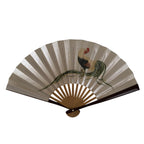 Japanese Miniature Paper Folding Fan Vtg Sensu Bamboo Frame Rooster Silver 4D969