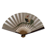 Japanese Miniature Paper Folding Fan Vtg Sensu Bamboo Frame Rooster Silver 4D969