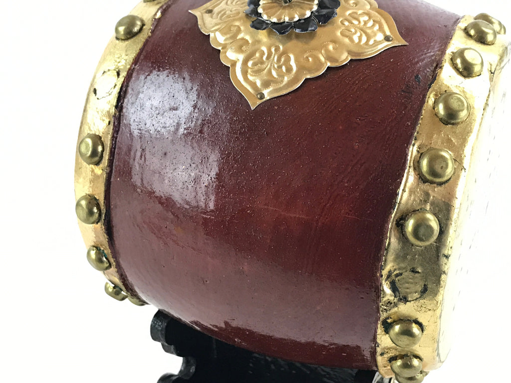 Japanese Miniature Taiko Drum Display Vtg Boy's Day Stand Black Brown Gold ID510