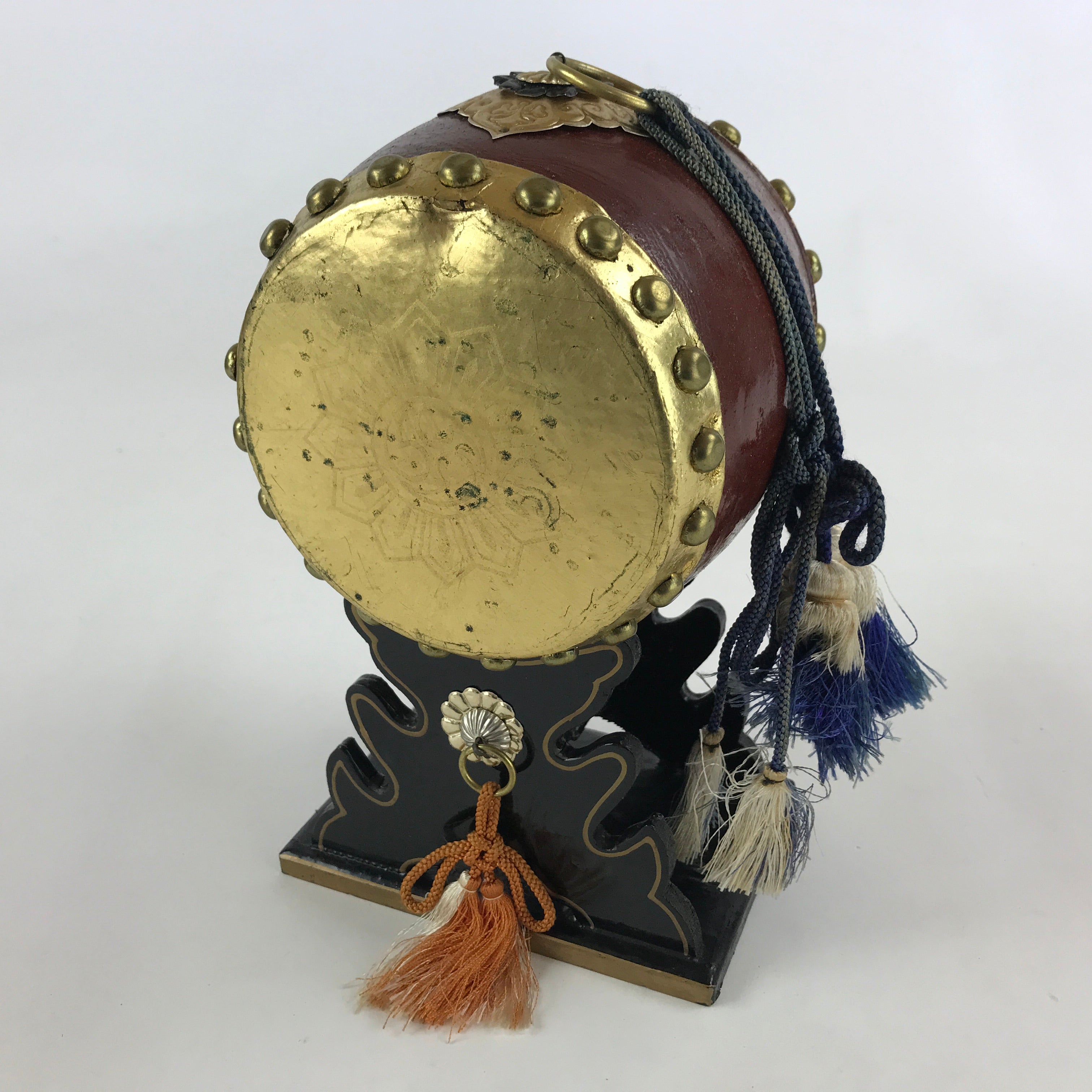 Japanese Miniature Taiko Drum Display Vtg Boy's Day Stand Black Brown Gold ID510
