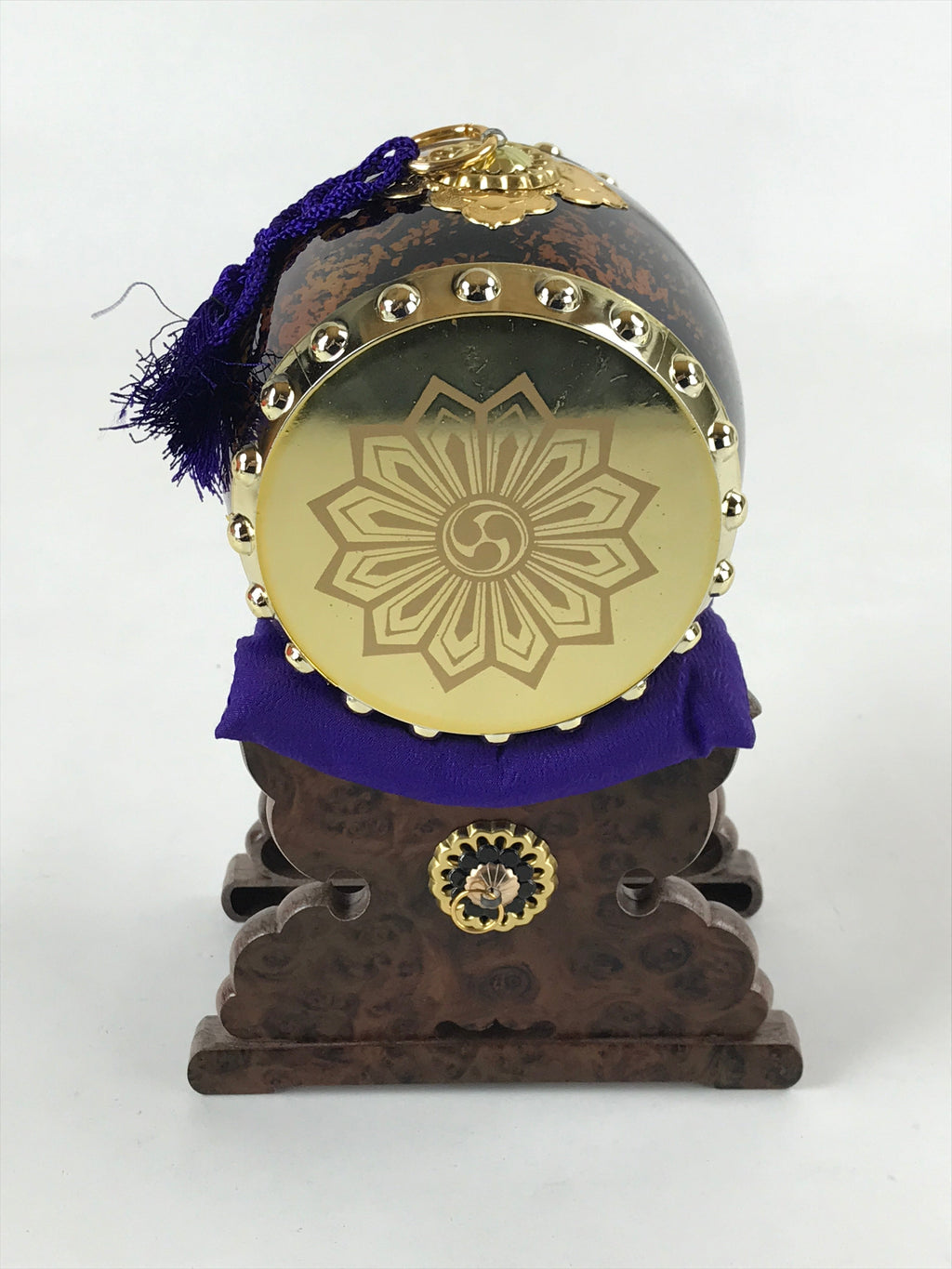 Japanese Miniature Taiko Drum Display Vtg Boys Day Stand Brown Gold Purple ID517