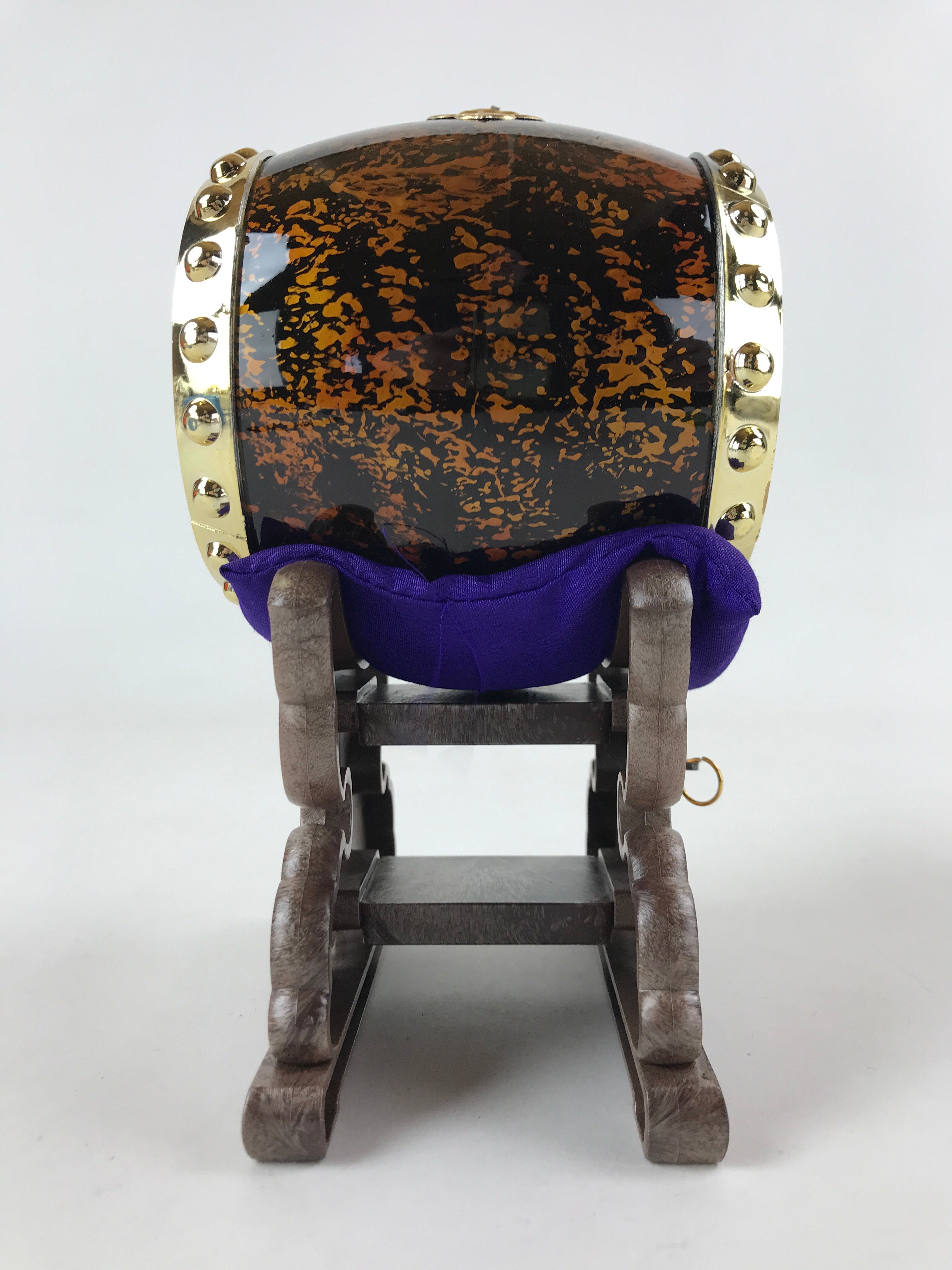 Japanese Miniature Taiko Drum Display Vtg Boys Day Stand Brown Gold Purple ID517
