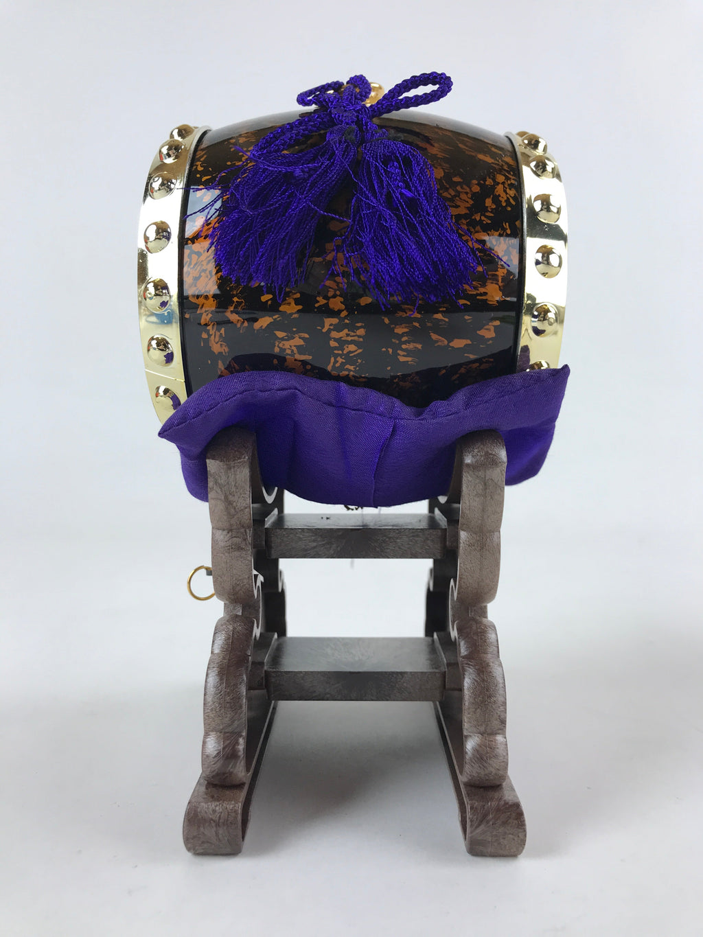 Japanese Miniature Taiko Drum Display Vtg Boys Day Stand Brown Gold Purple ID517