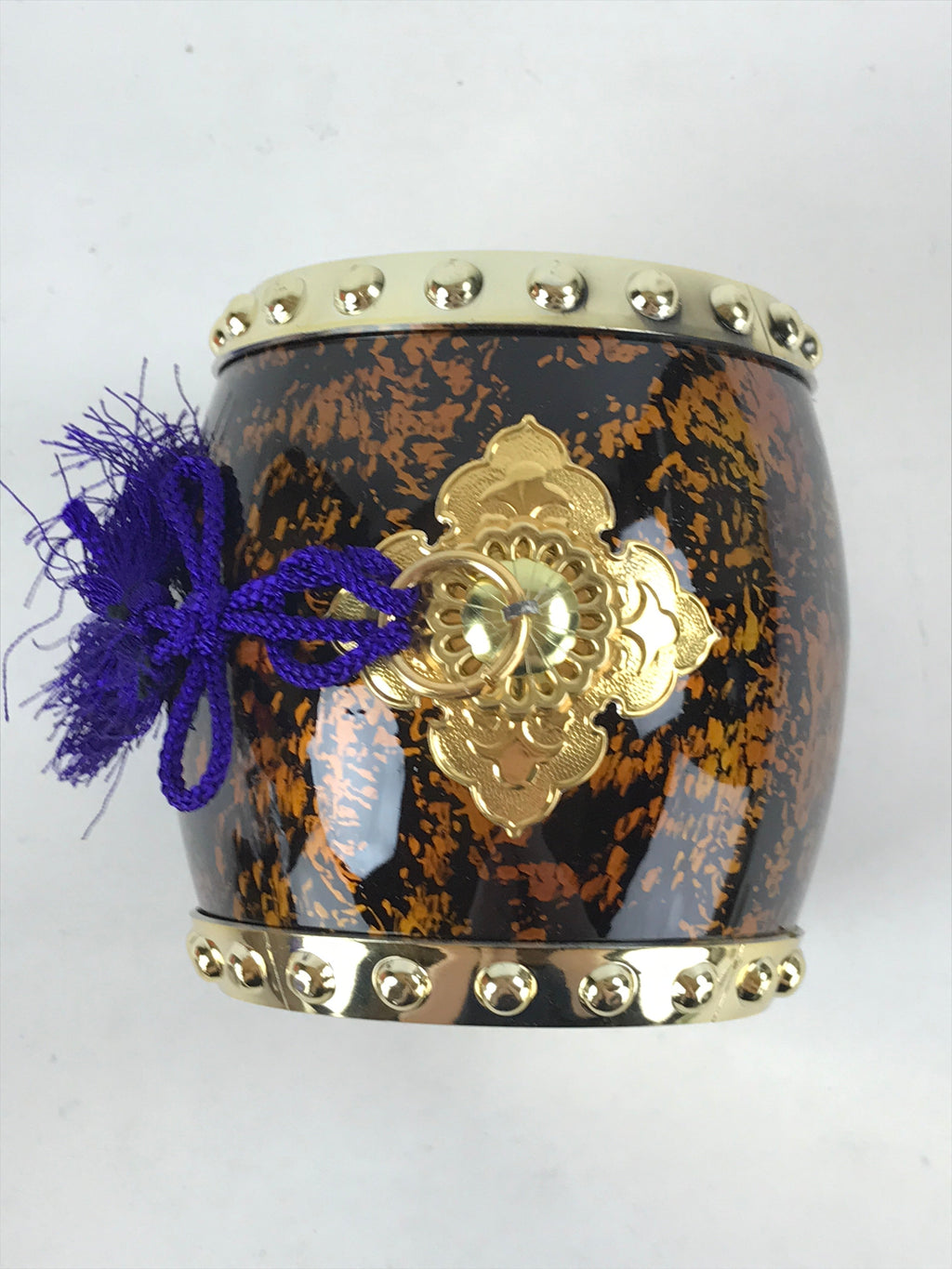 Japanese Miniature Taiko Drum Display Vtg Boys Day Stand Brown Gold Purple ID517