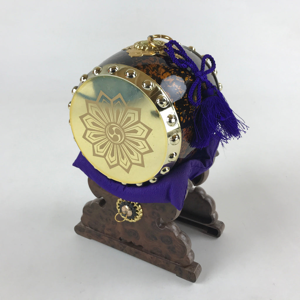 Japanese Miniature Taiko Drum Display Vtg Boys Day Stand Brown Gold Purple ID517