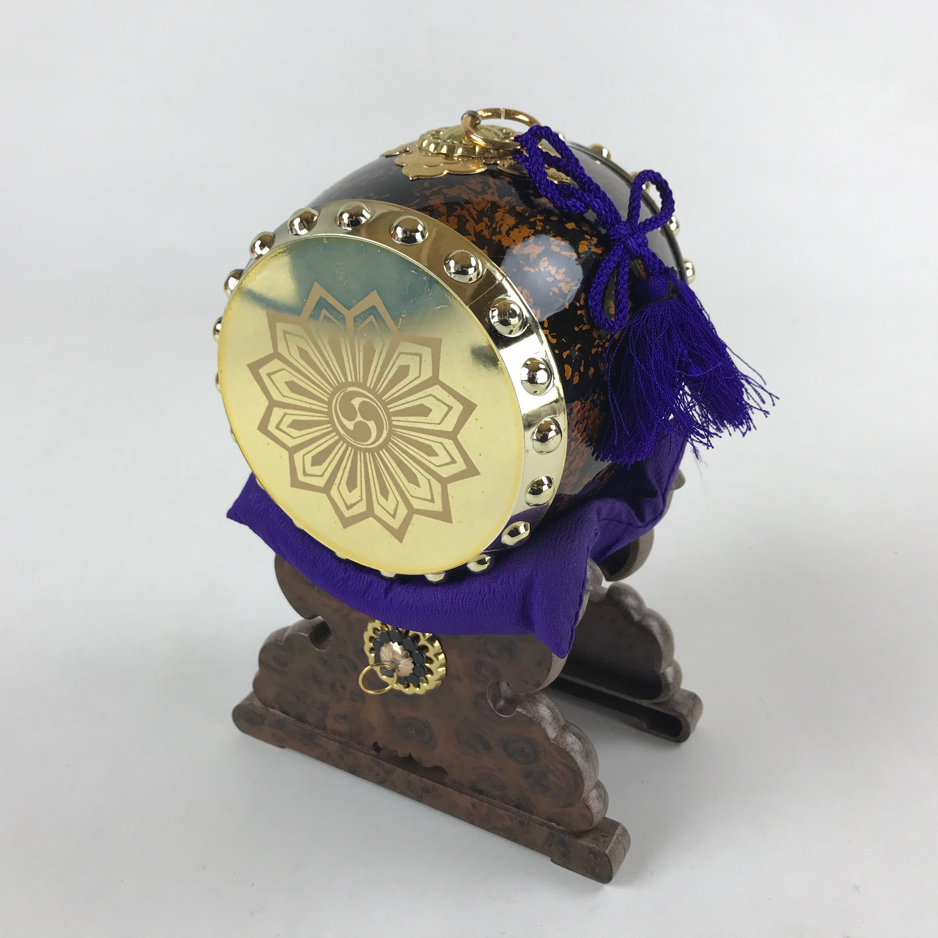 Japanese Miniature Taiko Drum Display Vtg Boys Day Stand Brown Gold Purple ID517