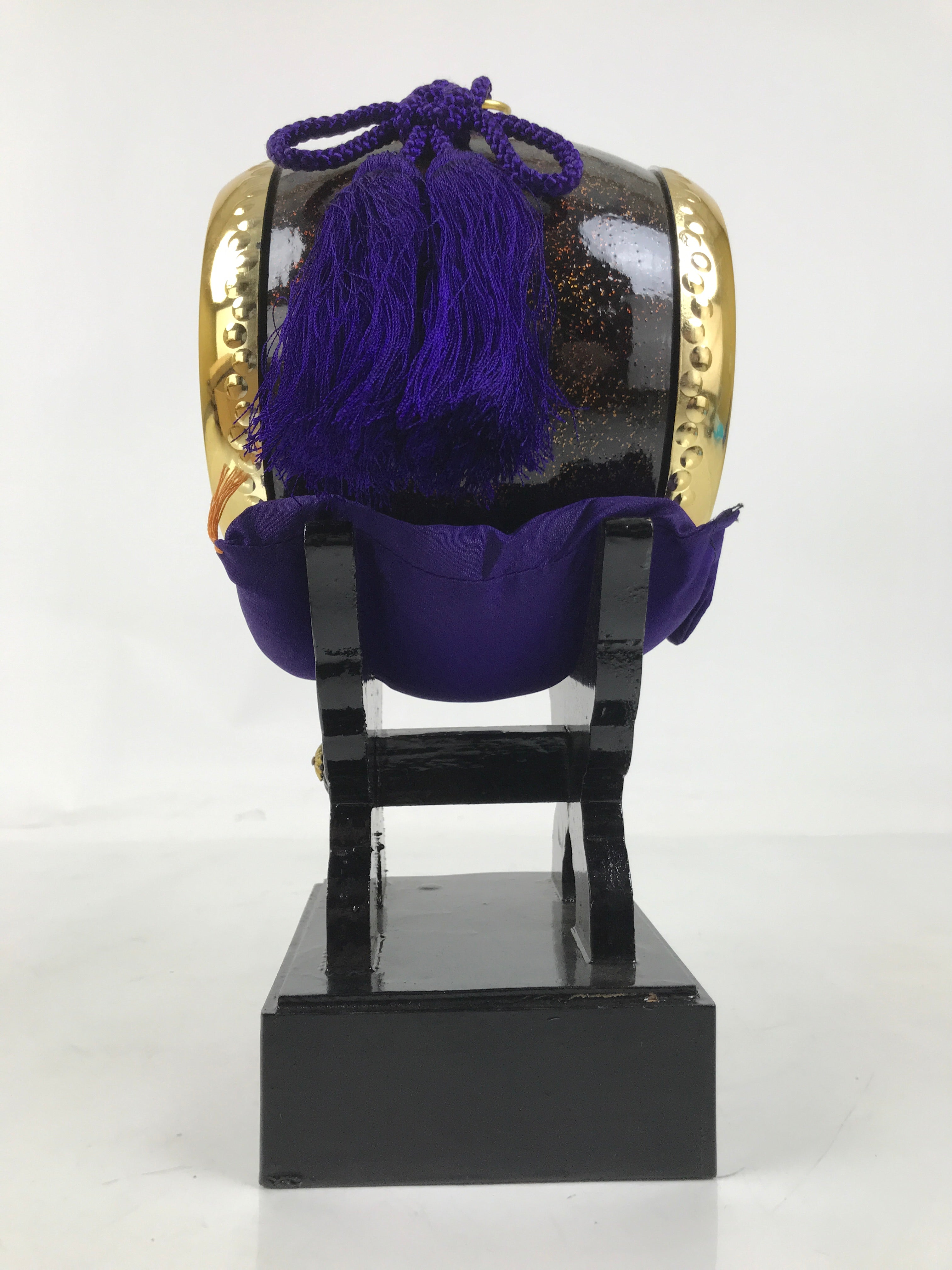 Japanese Miniature Taiko Drum Display Vtg Boys Day Stand Brown Gold Purple ID621