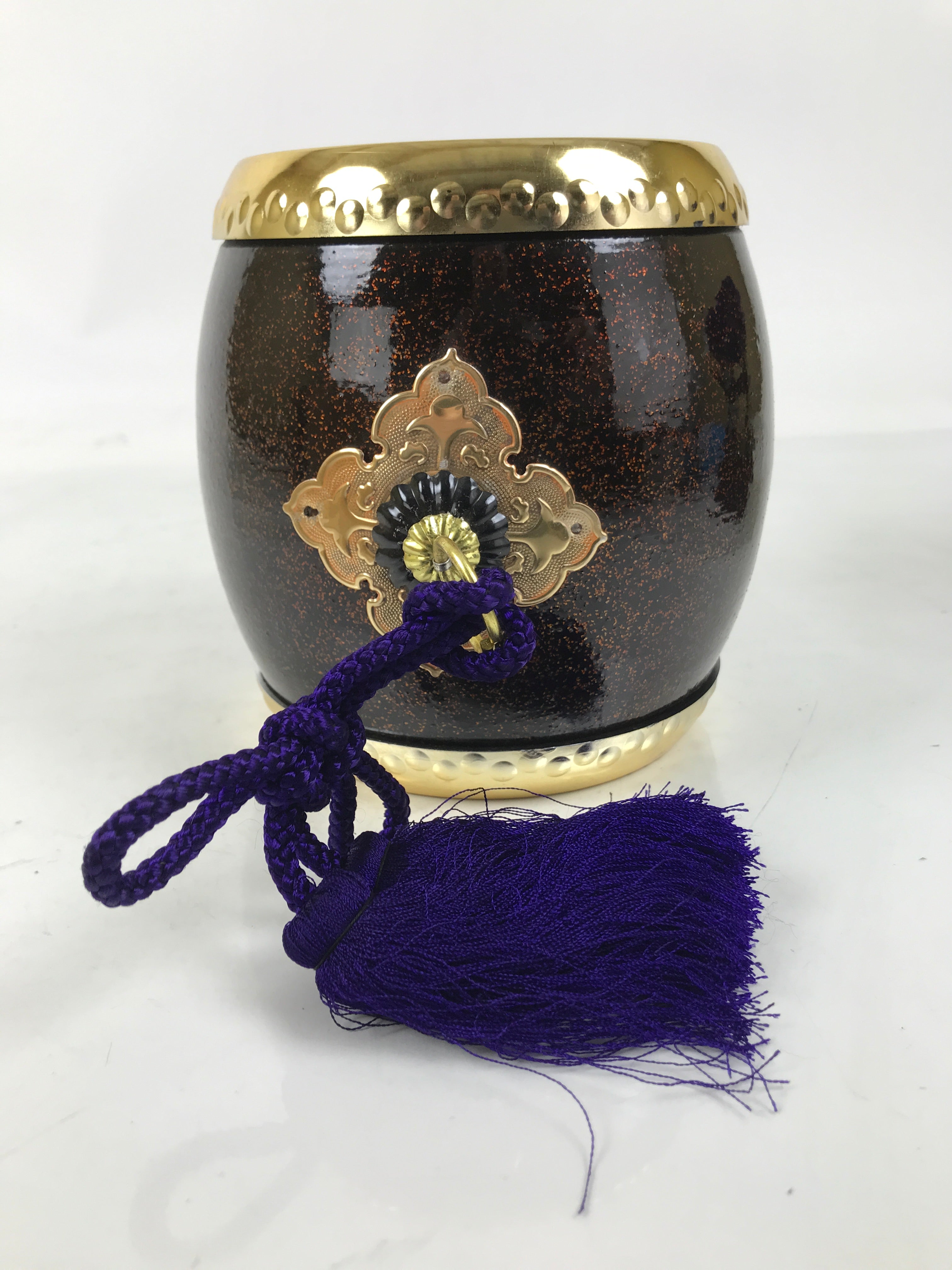 Japanese Miniature Taiko Drum Display Vtg Boys Day Stand Brown Gold Purple ID621