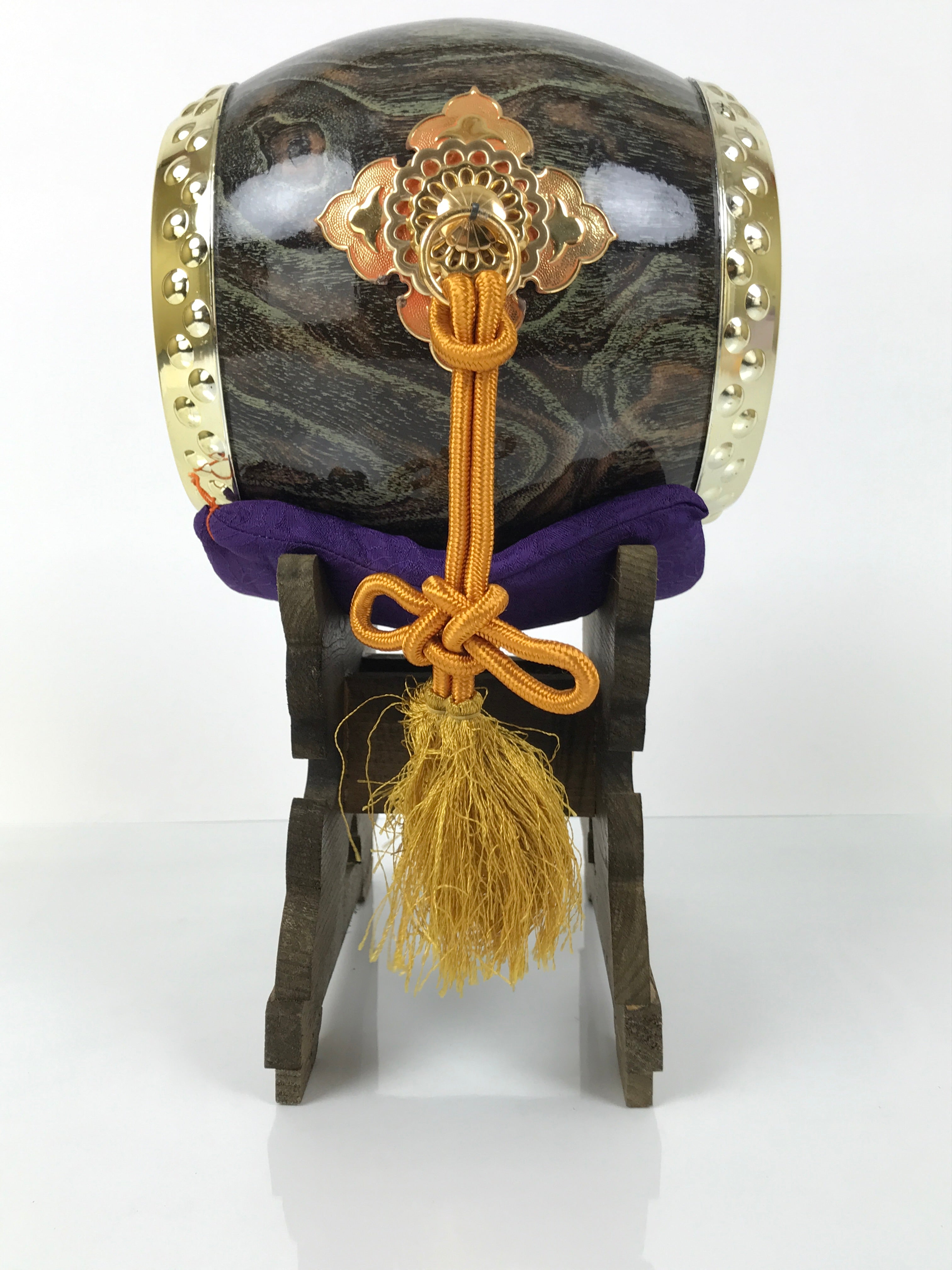 Japanese Miniature Taiko Drum Display Vtg Boys Day Stand Brown Gold Purple ID645