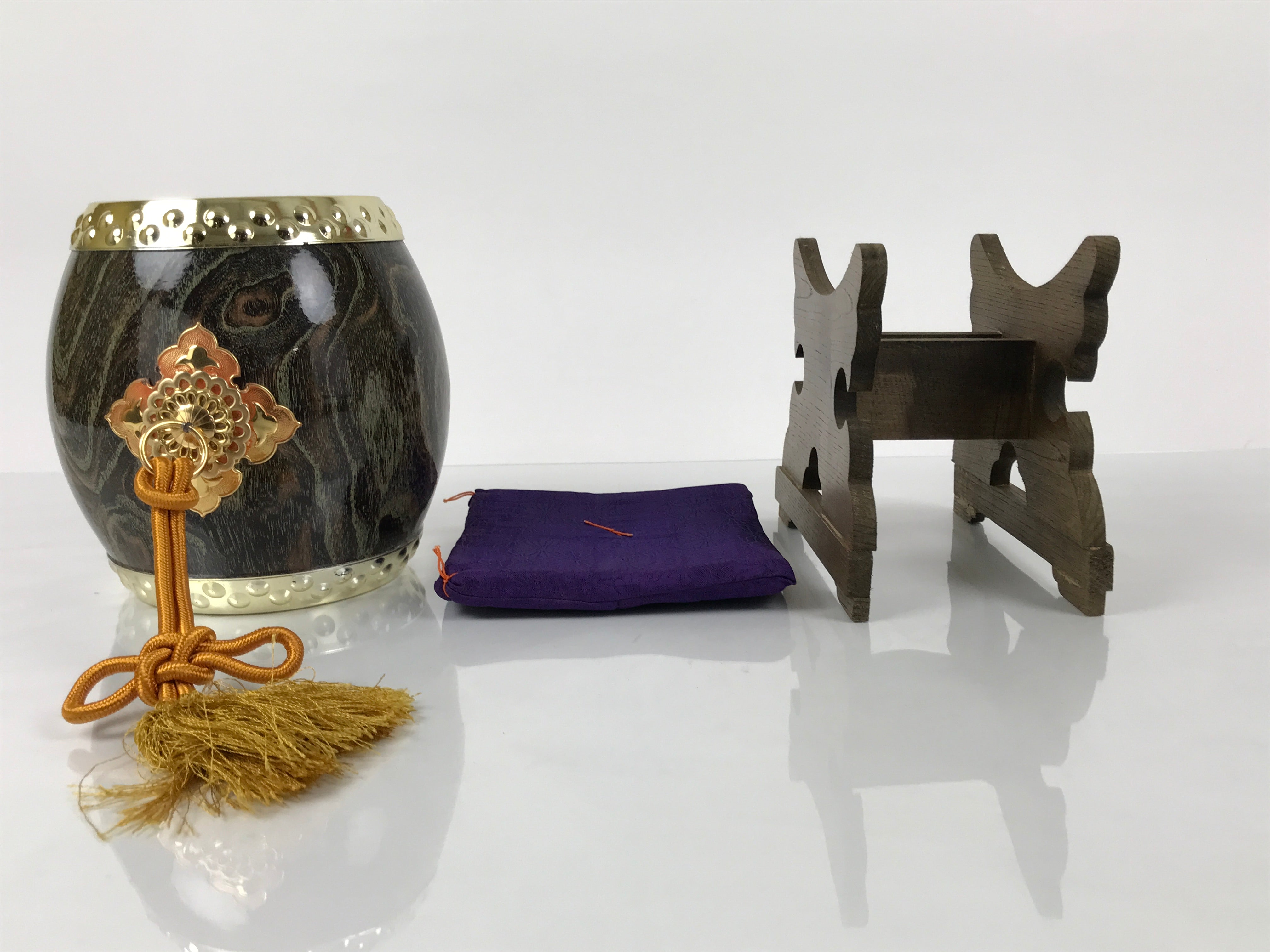 Japanese Miniature Taiko Drum Display Vtg Boys Day Stand Brown Gold Purple ID645