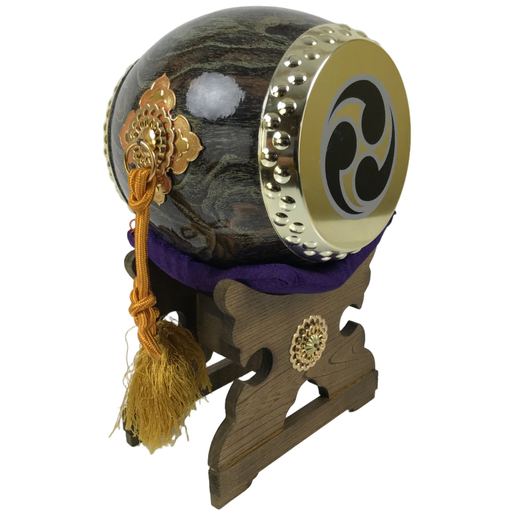 Japanese Miniature Taiko Drum Display Vtg Boys Day Stand Brown Gold Purple ID645