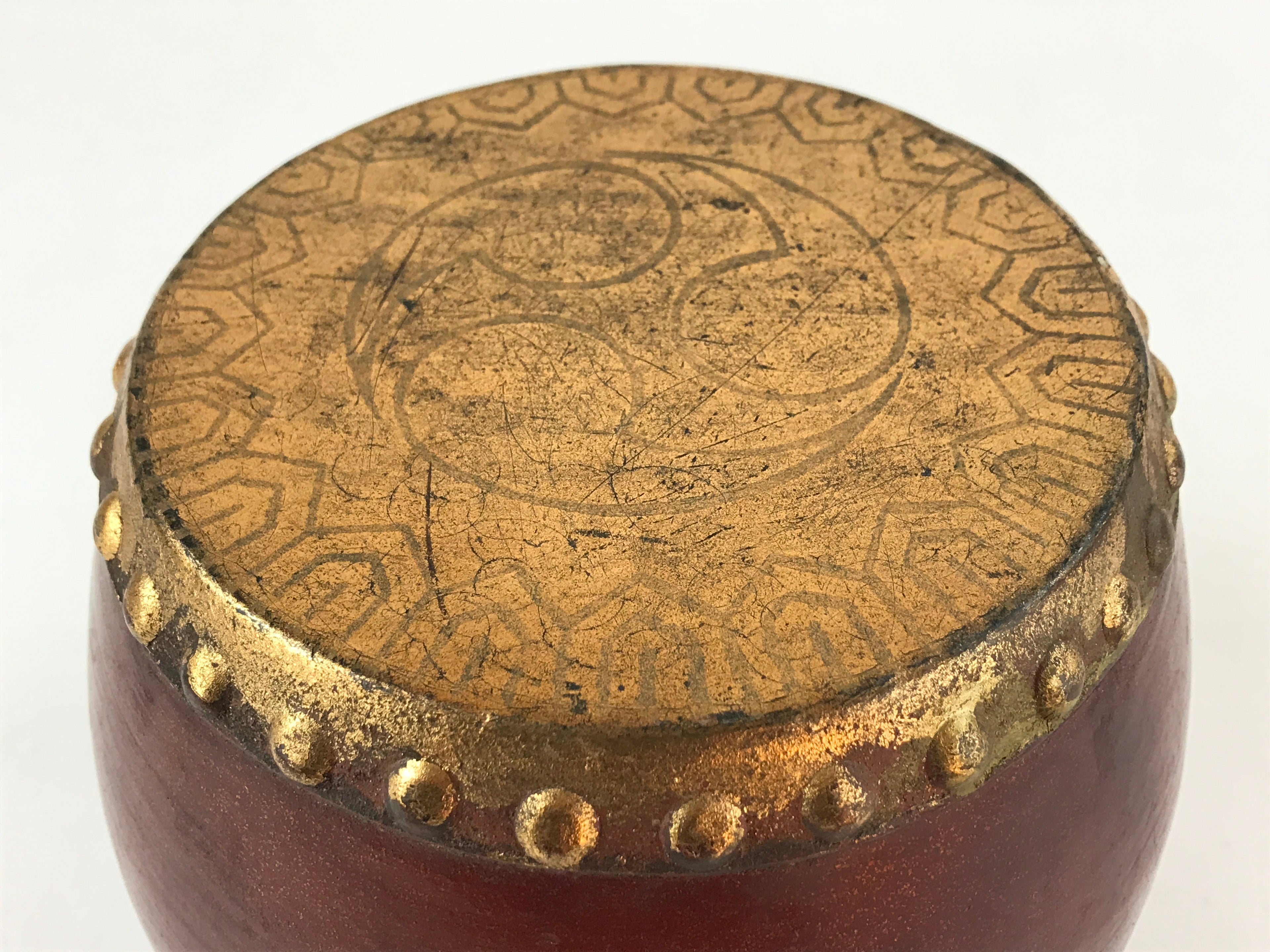 Japanese Miniature Wood Taiko Drum Display Vtg Boys' Day Family Crest Gold ID519