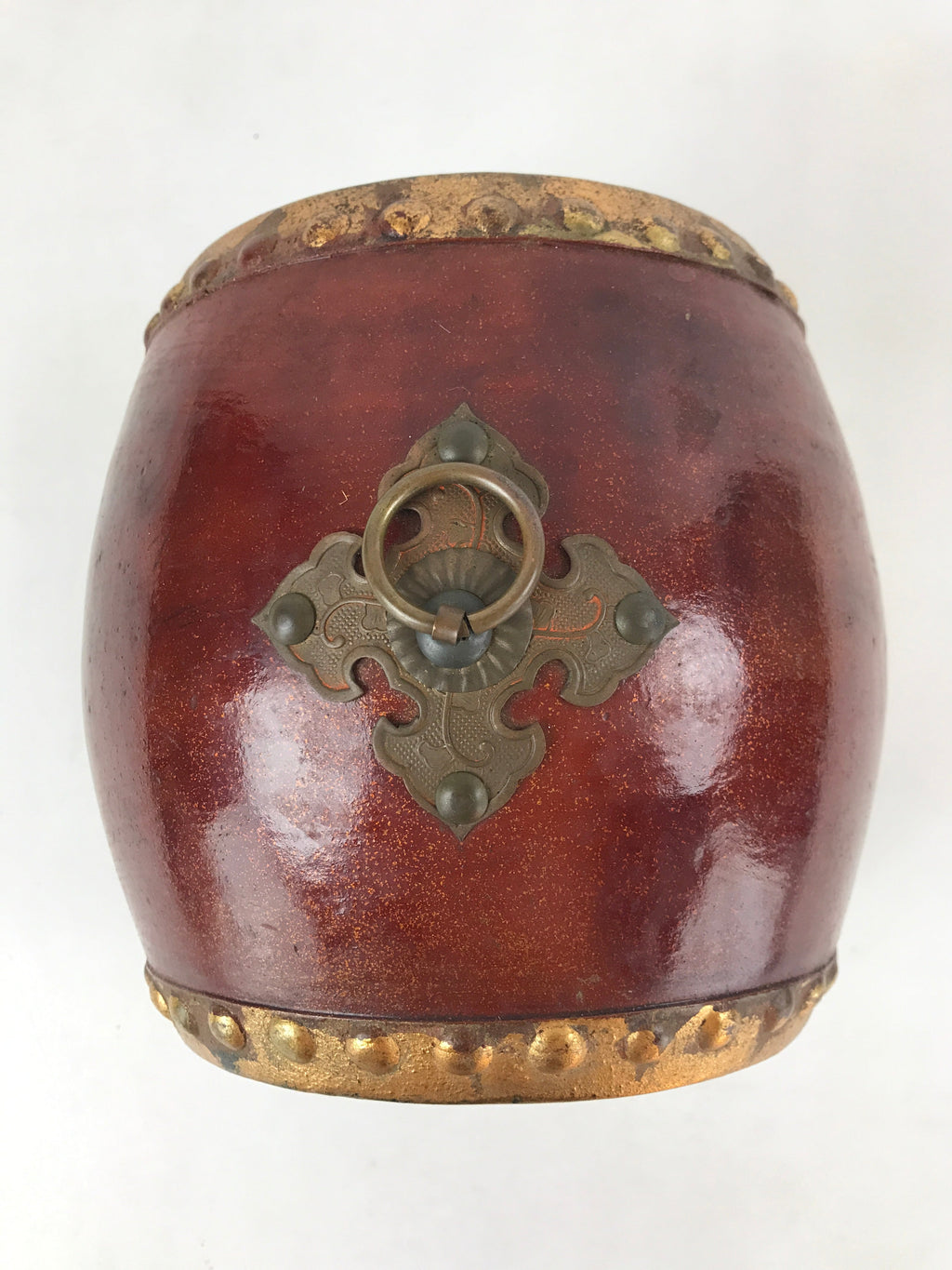 Japanese Miniature Wood Taiko Drum Display Vtg Boys' Day Family Crest Gold ID519