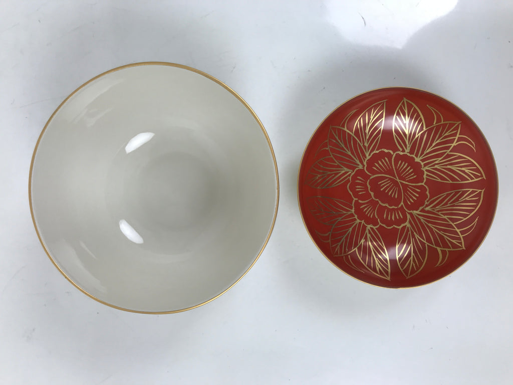 Japanese Mino Ware Porcelain Lidded Bowl Vtg White Red Gold Peony Flower Y422