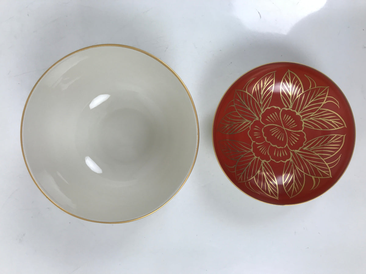 Japanese Mino Ware Porcelain Lidded Bowl Vtg White Red Gold Peony Flower Y422