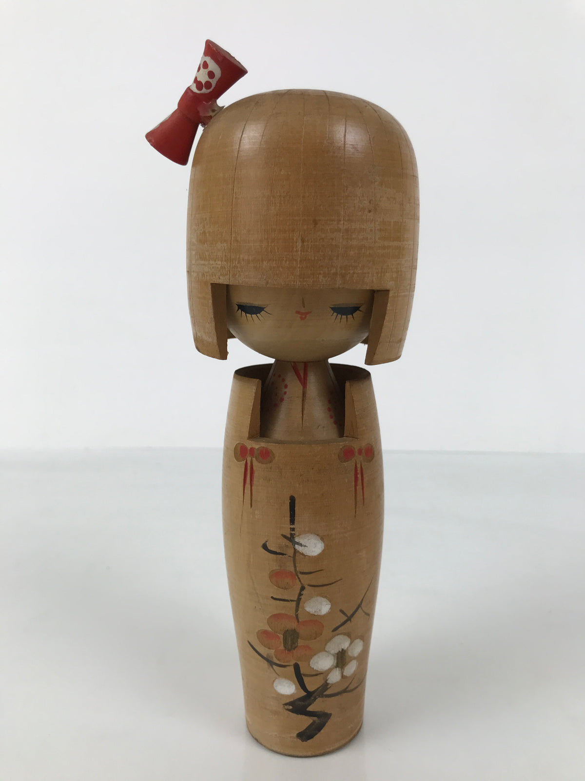 Japanese Modern Wooden Kokeshi Doll Vtg Black Red Plum Traditional Craft KF764
