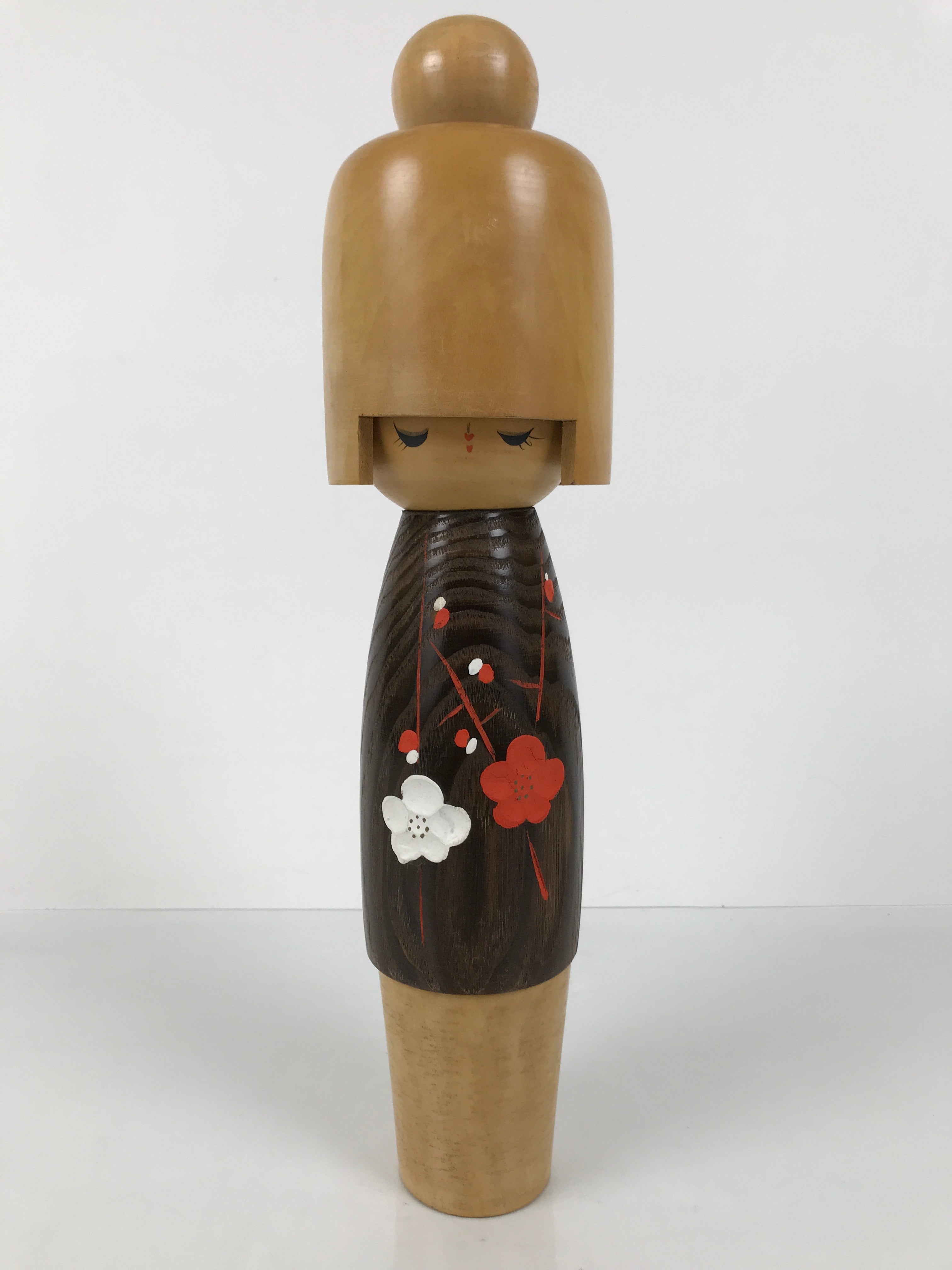 Japanese Modern Wooden Kokeshi Doll Vtg Black Red Plum Traditional Craft KF780